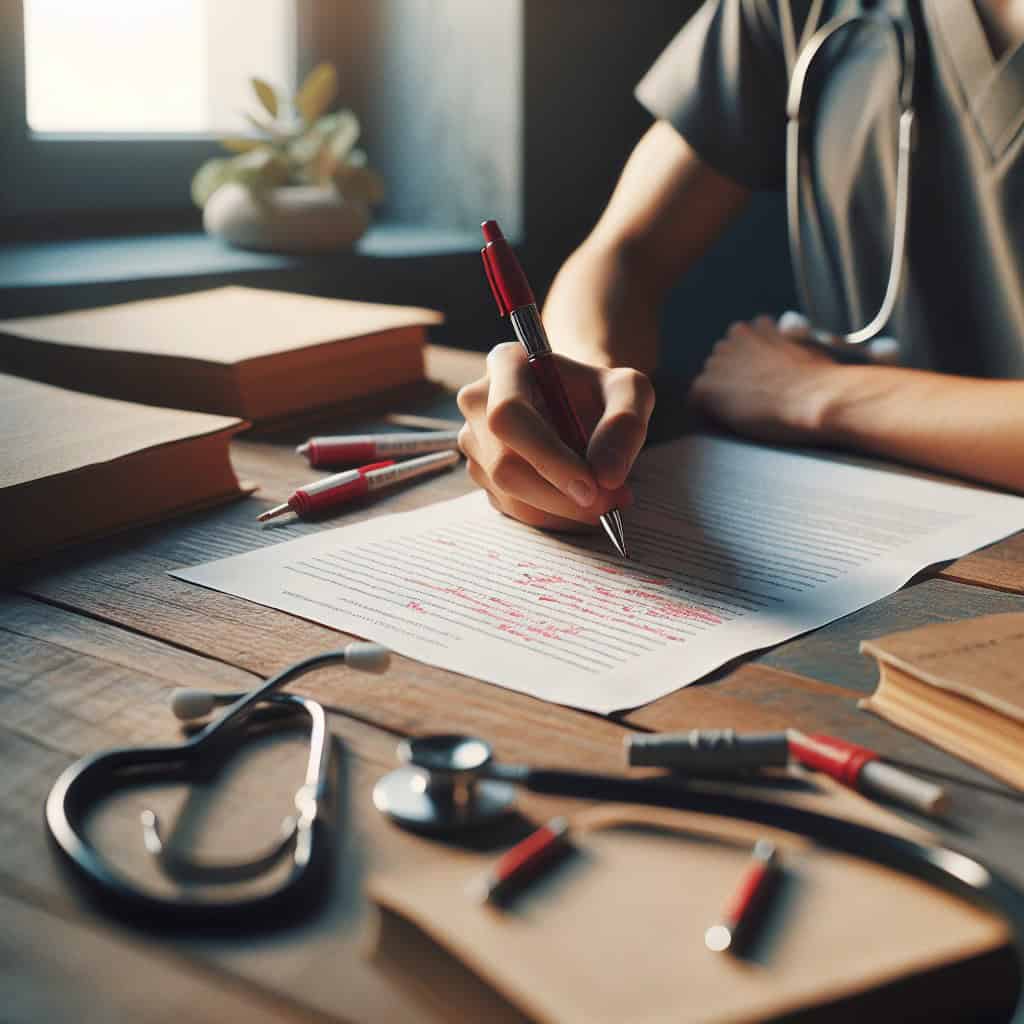 Doctor reviewing medical documents at desk.