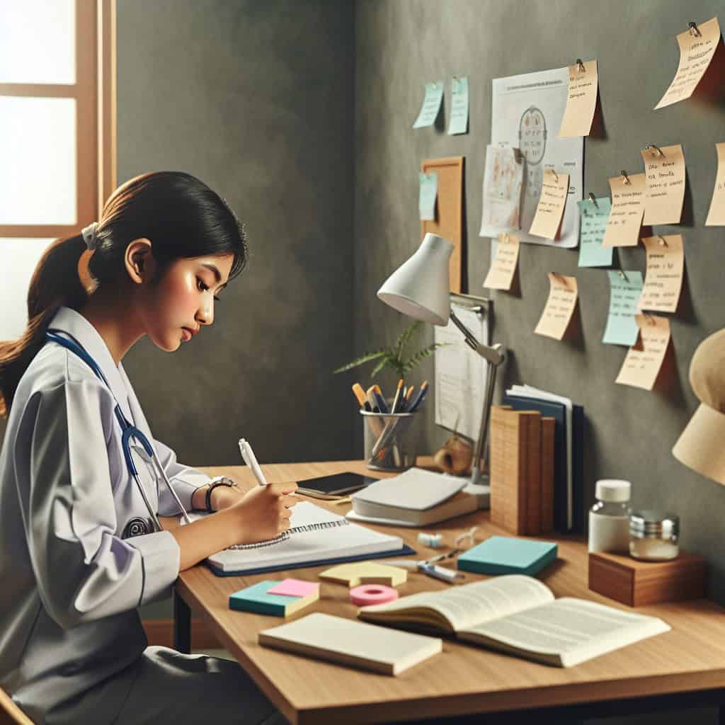 Young doctor studying at desk with notes and books.